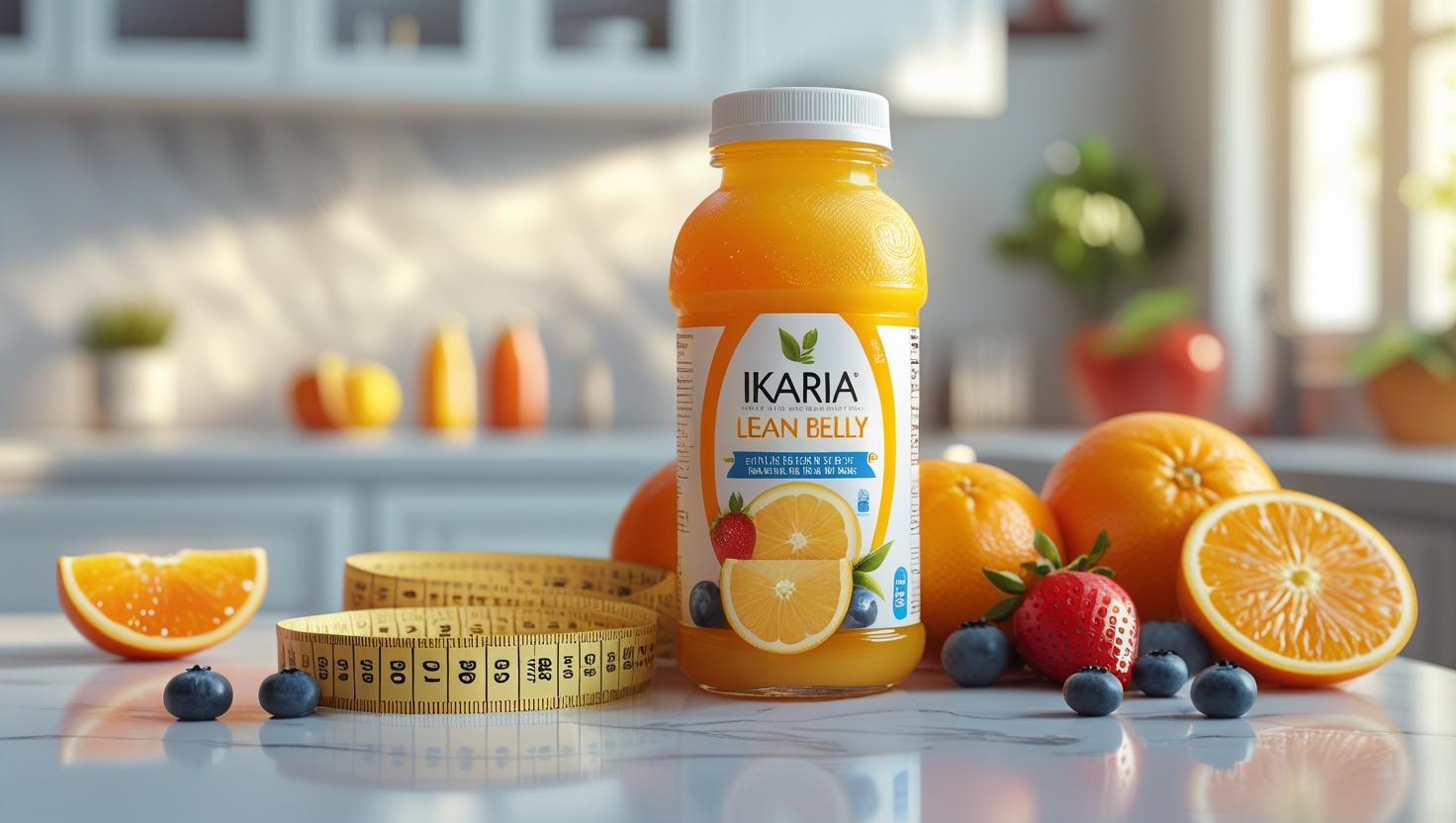 Ikaria Lean Belly Juice bottle on kitchen counter with fresh fruits and tape measure for weight loss 2025