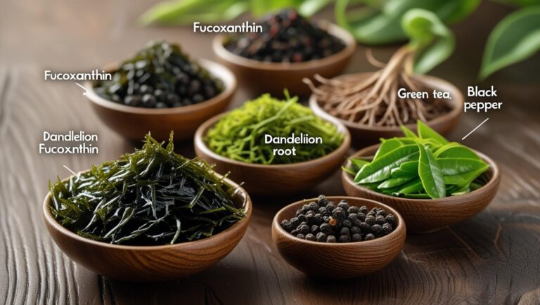 Natural ingredients in Ikaria Lean Belly Juice including seaweed, dandelion root, and green tea for weight loss
