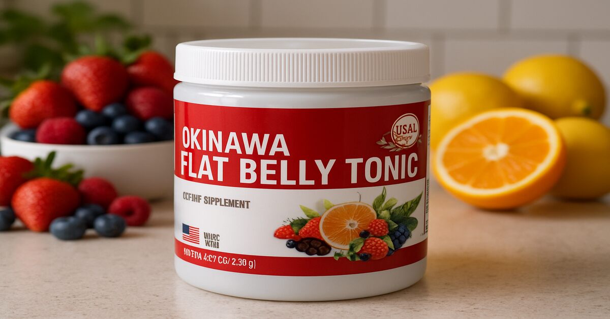 A bottle of Okinawa Flat Belly Tonic supplement on a kitchen counter, surrounded by fresh berries and citrus fruits.