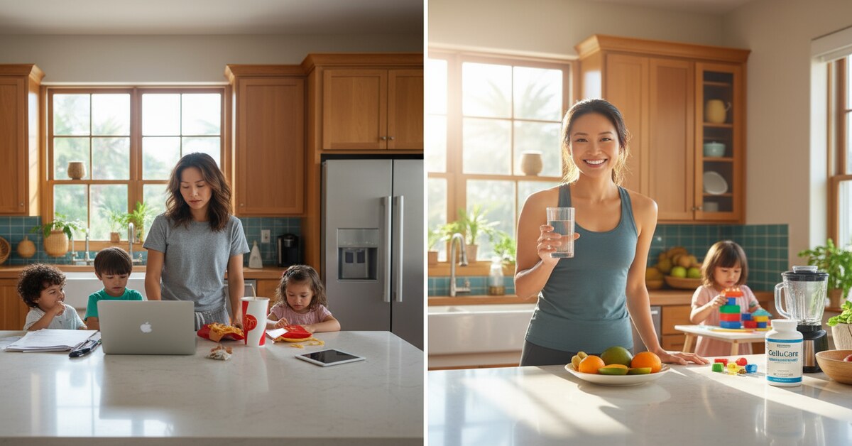 A busy American parent transforms from tired to energized with CelluCare health supplement in a modern kitchen.