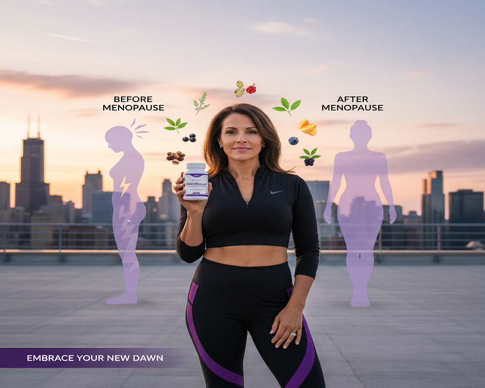 A confident woman on a Chicago rooftop holding MenoRescue for menopause support, illustrating the positive results discussed in this 2025 USA review.