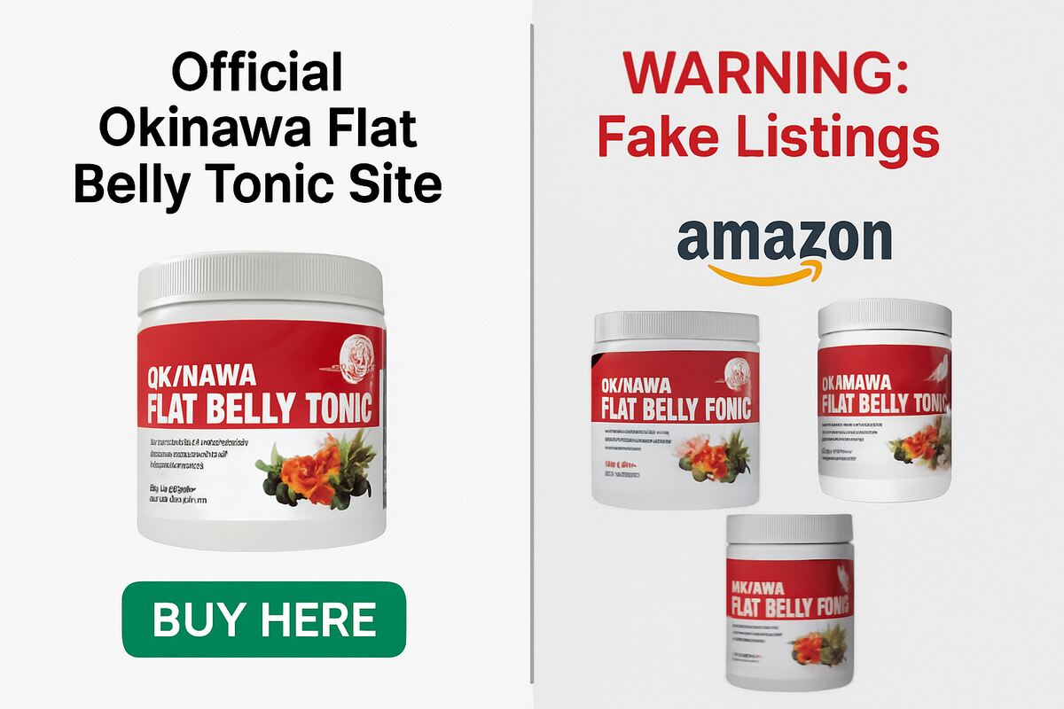 A graphic comparing the official Okinawa Flat Belly Tonic website with fake listings on Amazon, warning customers to buy from the official site.