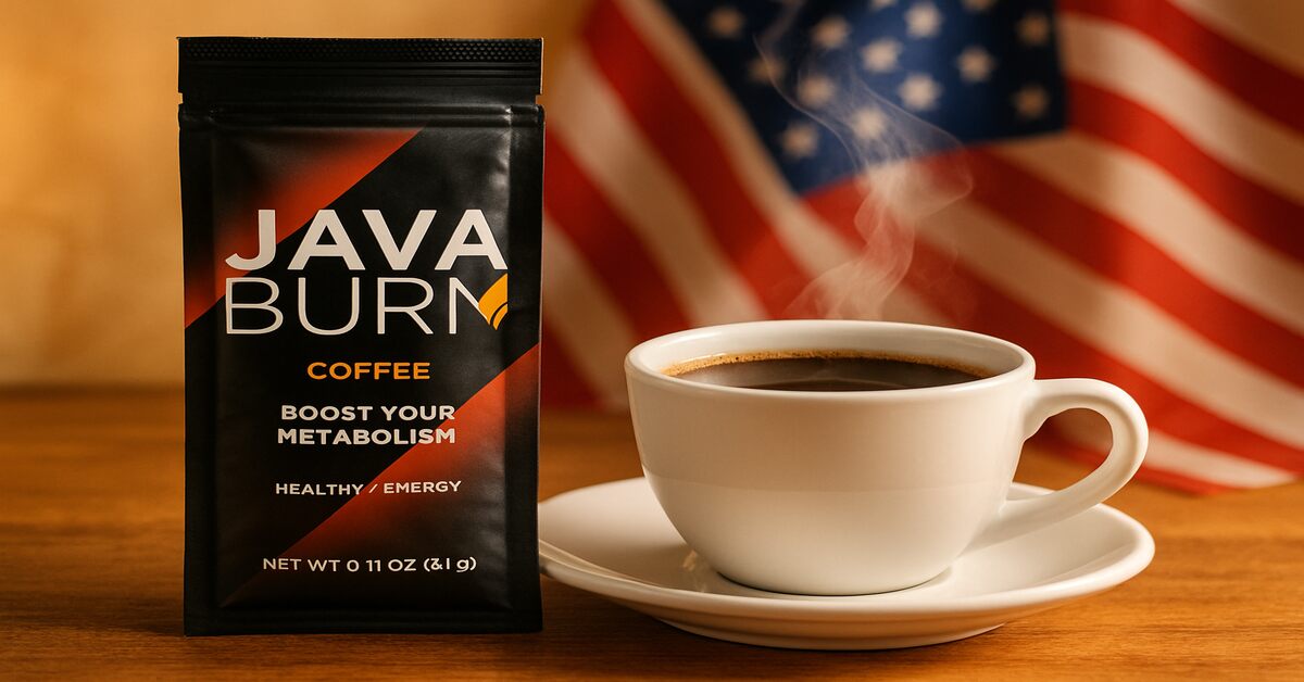 A packet of the Java Burn supplement next to a steaming cup of black coffee, with a subtle American flag in the background.
