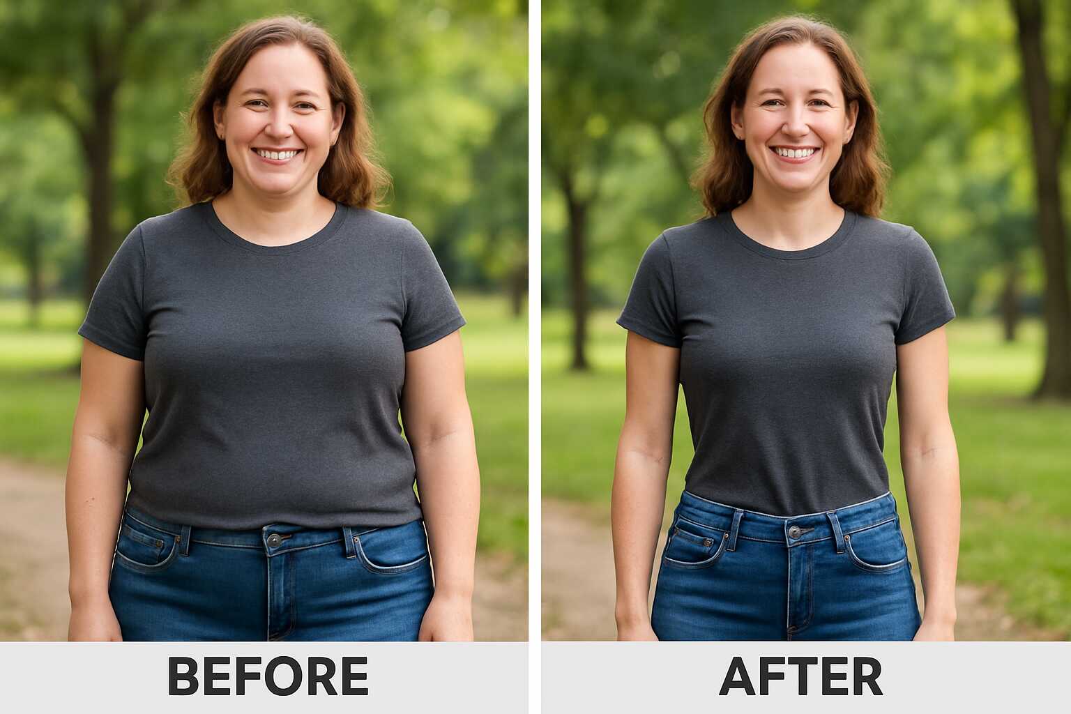 Before-and-after comparison showing a user's slimmer waist and weight loss results from using Okinawa Flat Belly Tonic.