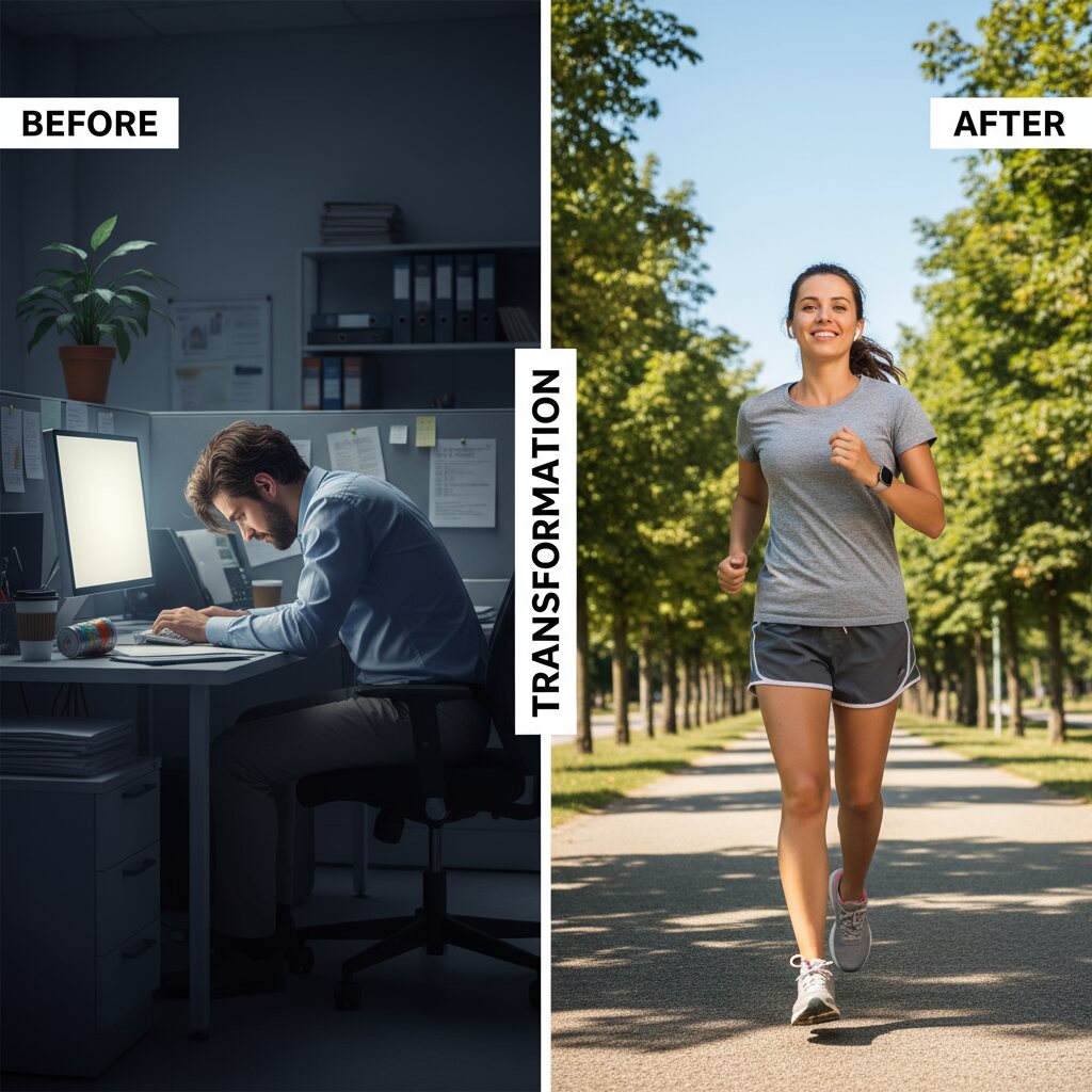 Before-and-after photo of a USA user feeling energized post-CelluCare, in everyday settings.