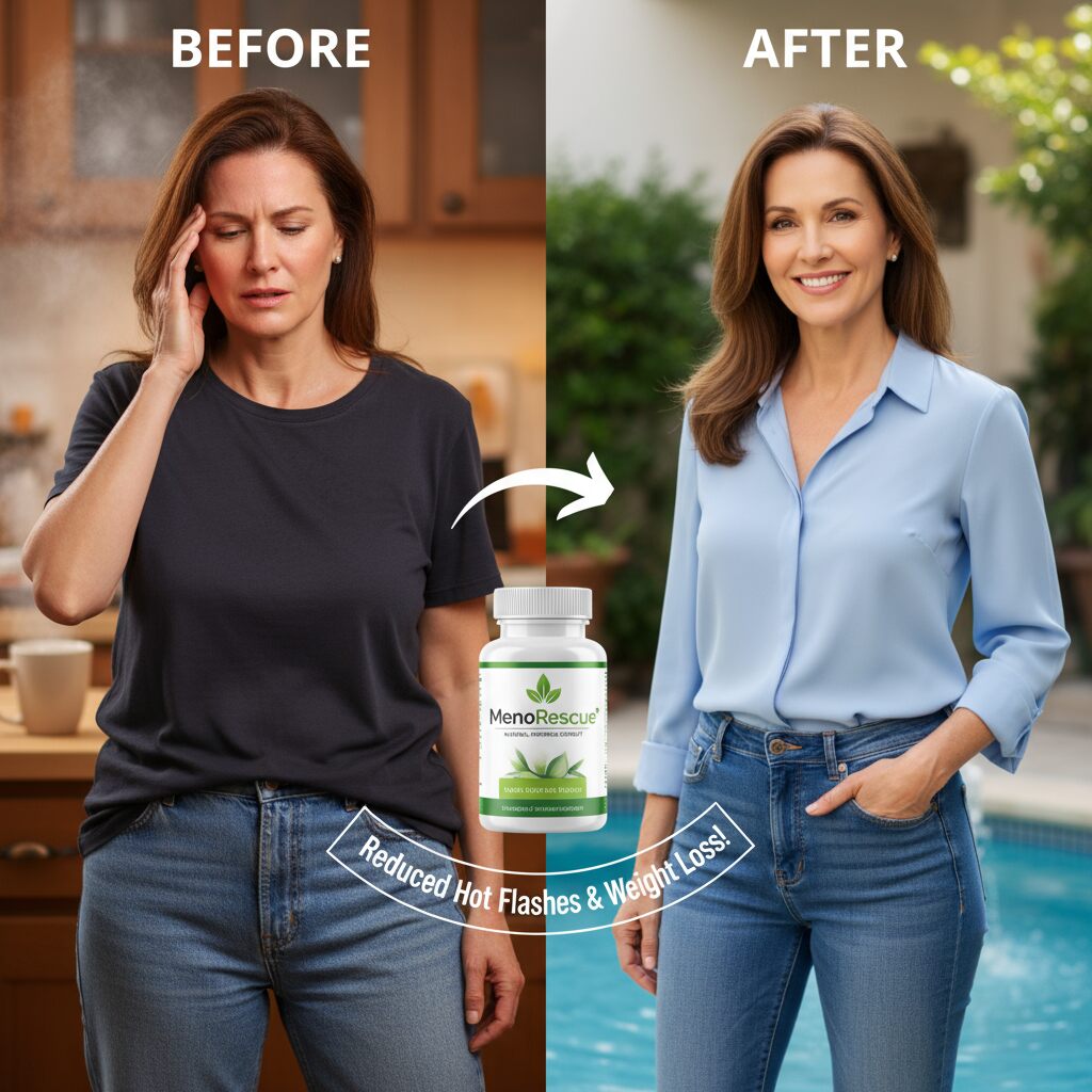 Before and after photo of a woman in the USA showing successful weight loss and improved well-being after using the MenoRescue menopause supplement.