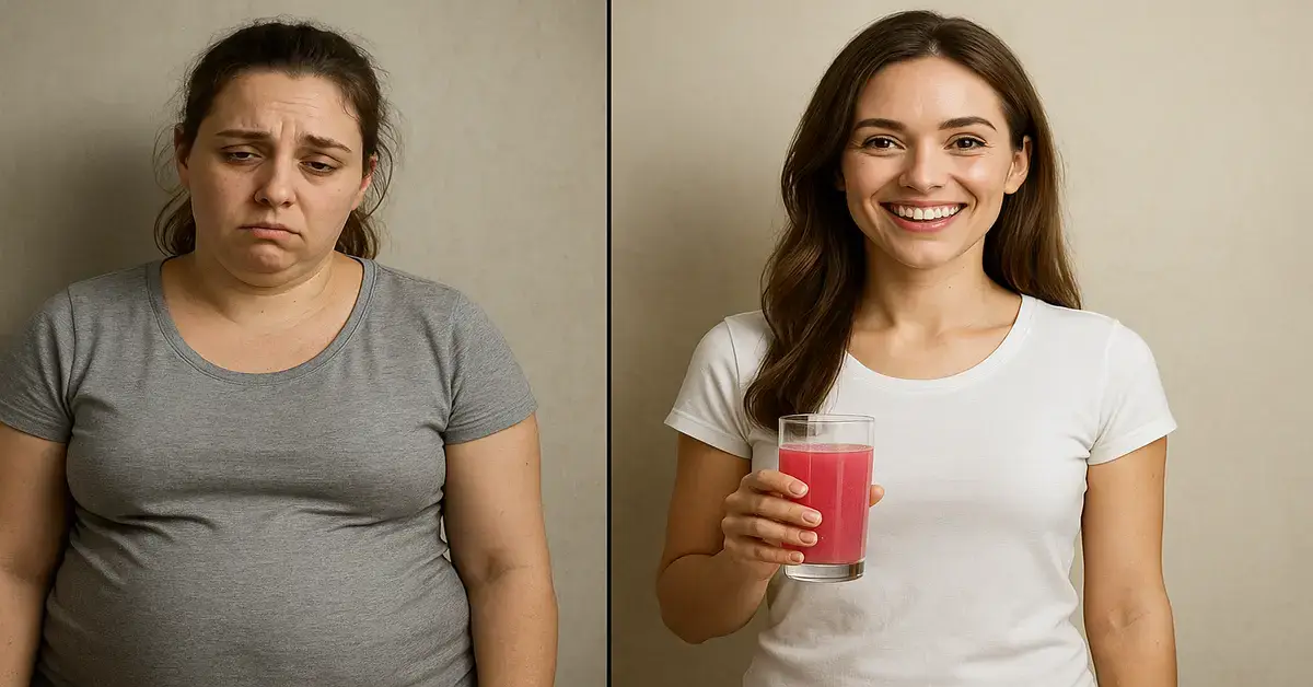 Before and after transformation of a tired mom losing belly fat, now slim and smiling holding pink Ikaria juice.