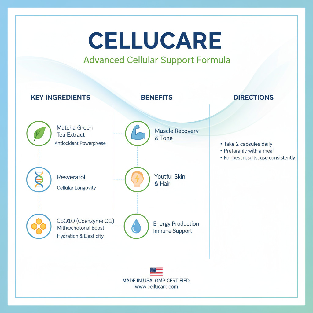 CelluCare ingredients infographic with icons for fat burning, metabolism boost, appetite control, antioxidants, and energy support for USA readers.