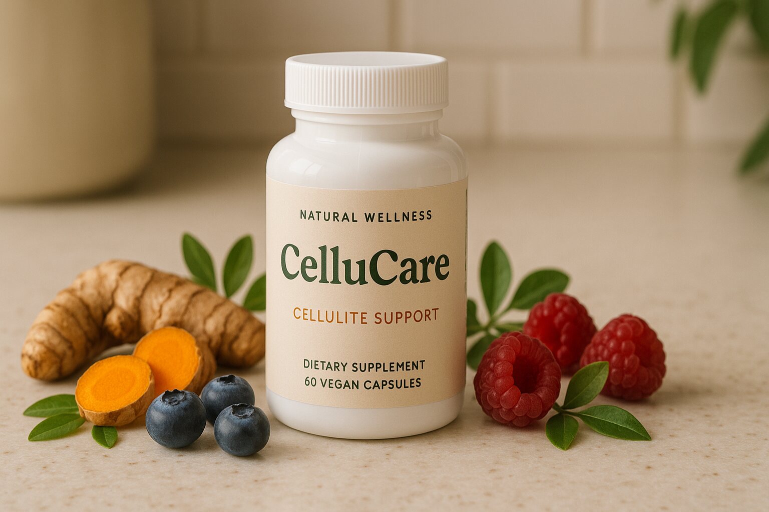 CelluCare natural wellness supplement bottle on a kitchen counter with turmeric root, blueberries, raspberries, and fresh green leaves, promoting USA health and cellulite support.