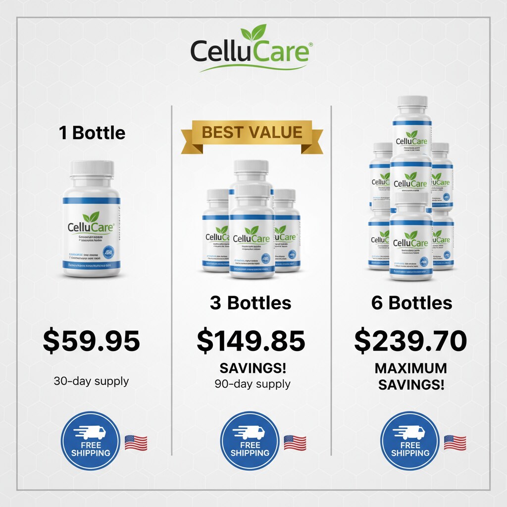 CelluCare pricing table graphic showing 1, 3, and 6 bottle options, best value highlighted in gold, with USA flag and free shipping icon for American customers.