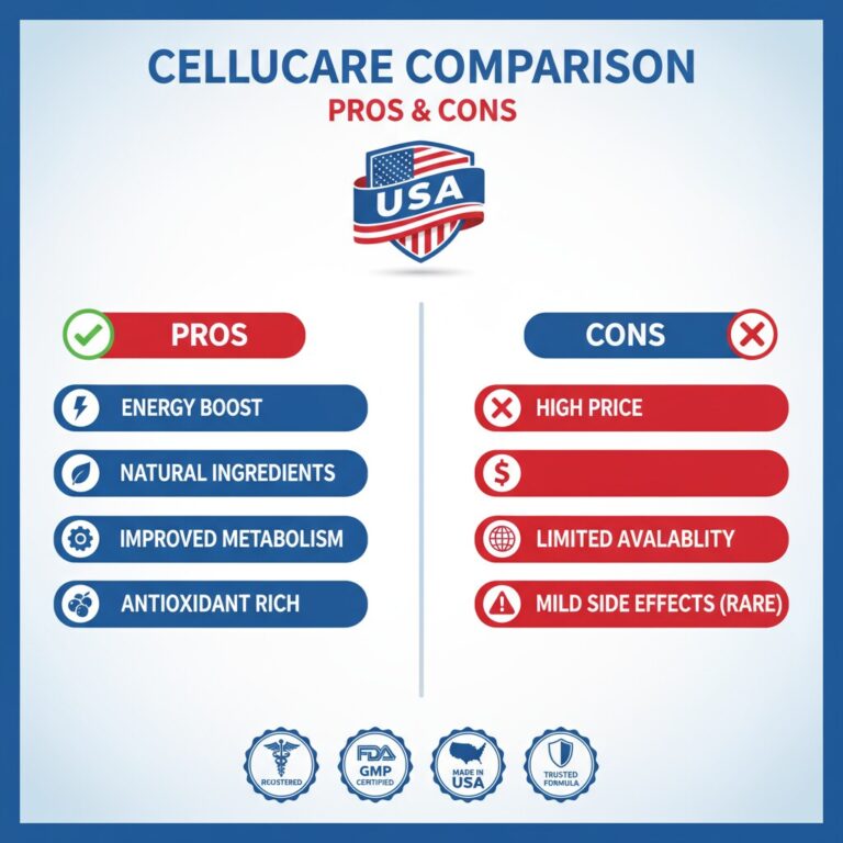 Cellucare pros and cons chart: energy boost, natural ingredients, improved metabolism, antioxidant rich; high price, limited availability, rare mild side effects. USA supplement SEO.