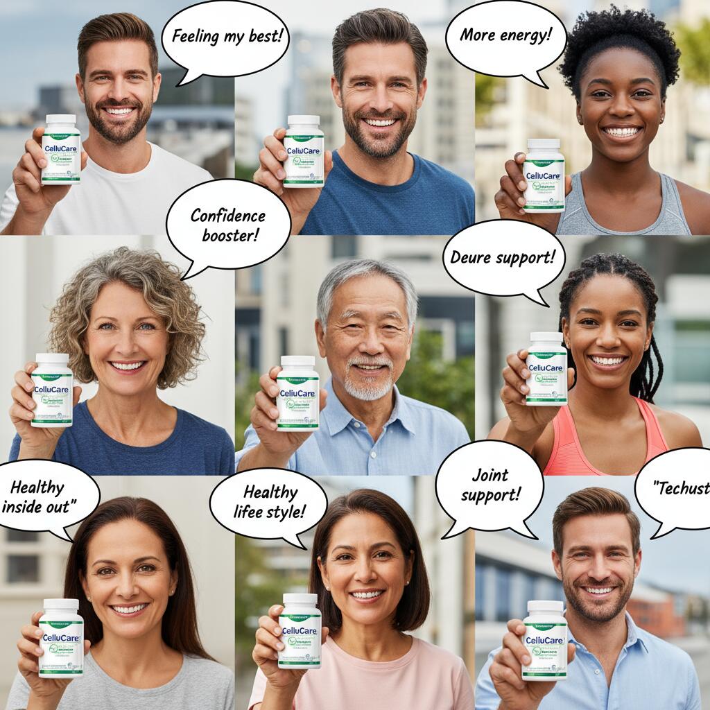 Collage of diverse American men and women smiling and holding CelluCare supplement bottles, with testimonial quotes in speech bubbles, showcasing positive customer feedback.