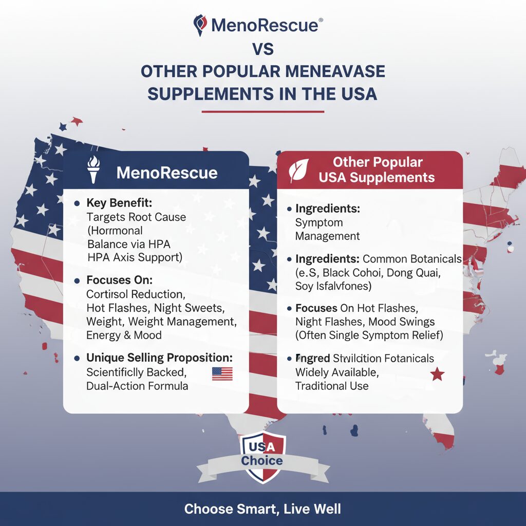 Comparison chart of MenoRescue versus other popular menopause supplements in the USA, highlighting how MenoRescue targets the root cause of symptoms like hormonal imbalance and high cortisol.