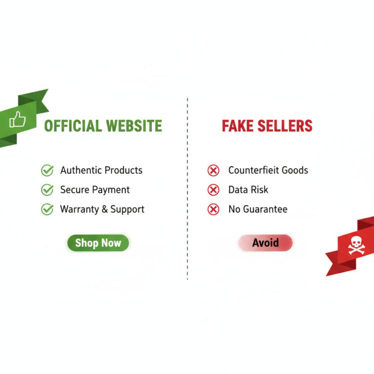 Comparison graphic showing Official Website with green checkmarks versus Fake Sellers with red crosses, highlighting trusted and untrusted sources for USA consumers.