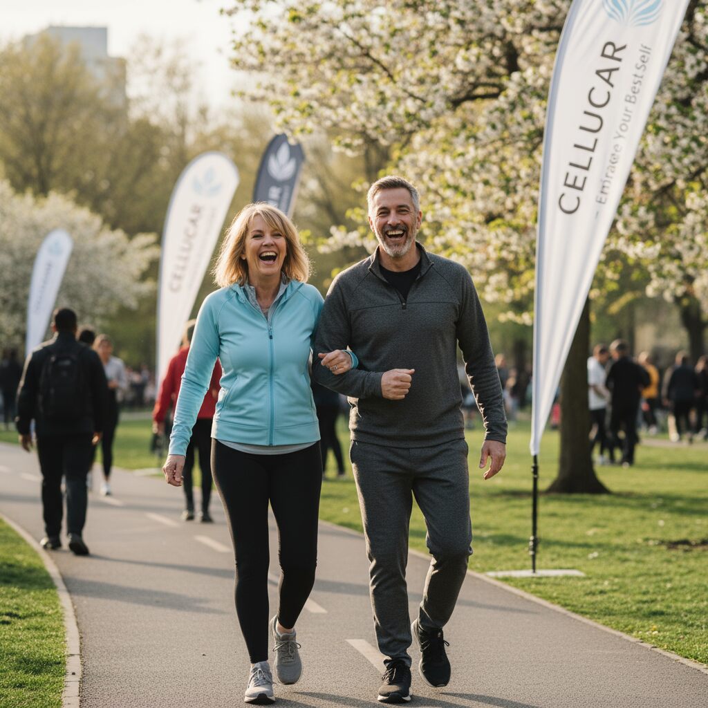 Happy middle-aged American couple walking energetically in a park, smiling outdoors with subtle CelluCare supplement branding, representing health and vitality.