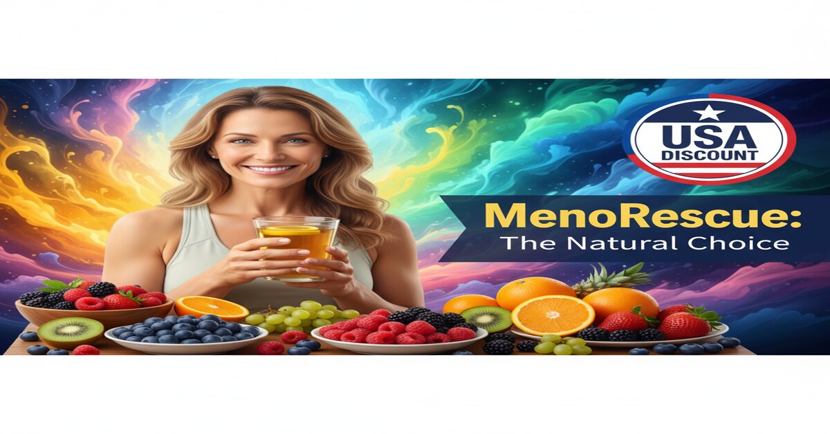 Happy woman with MenoRescue menopause supplement bottles and a USA discount offer badge.