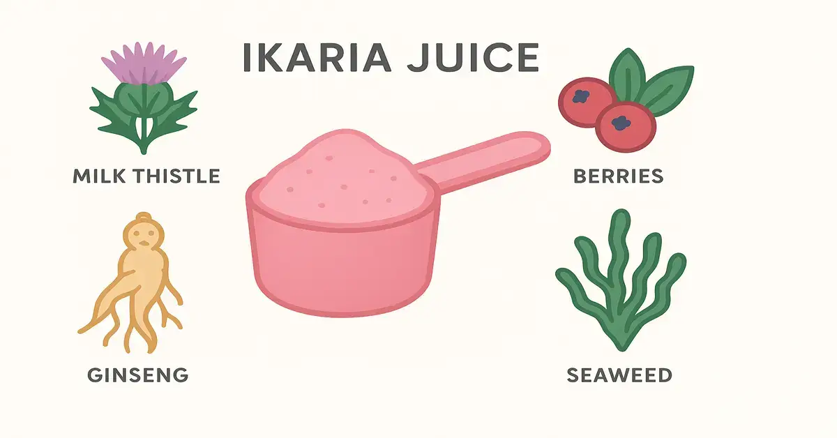 Ikaria Juice ingredients infographic with milk thistle, berries, ginseng, and seaweed icons around a pink scoop.