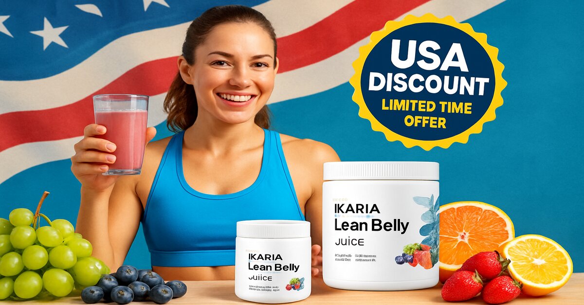 Ikaria Lean Belly Juice USA feature image – fit woman with juice glass, fresh fruits, and American flag background