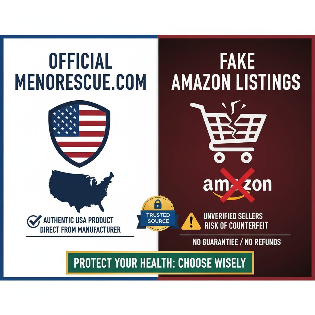 Image comparing the official MenoRescue website with fake listings on Amazon, advising users to purchase directly to ensure product authenticity.