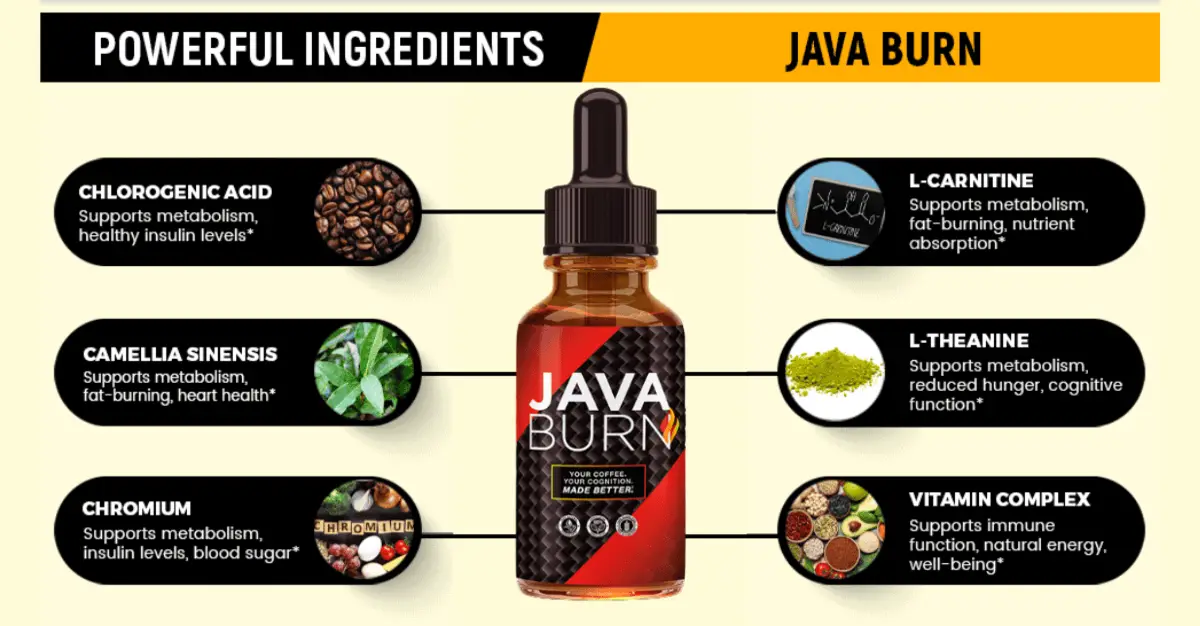 Infographic of Java Burn ingredients listing Chlorogenic Acid, Green Tea Extract, L-Carnitine, and more with icons and benefits, designed for 2025 USA weight loss supplement review.