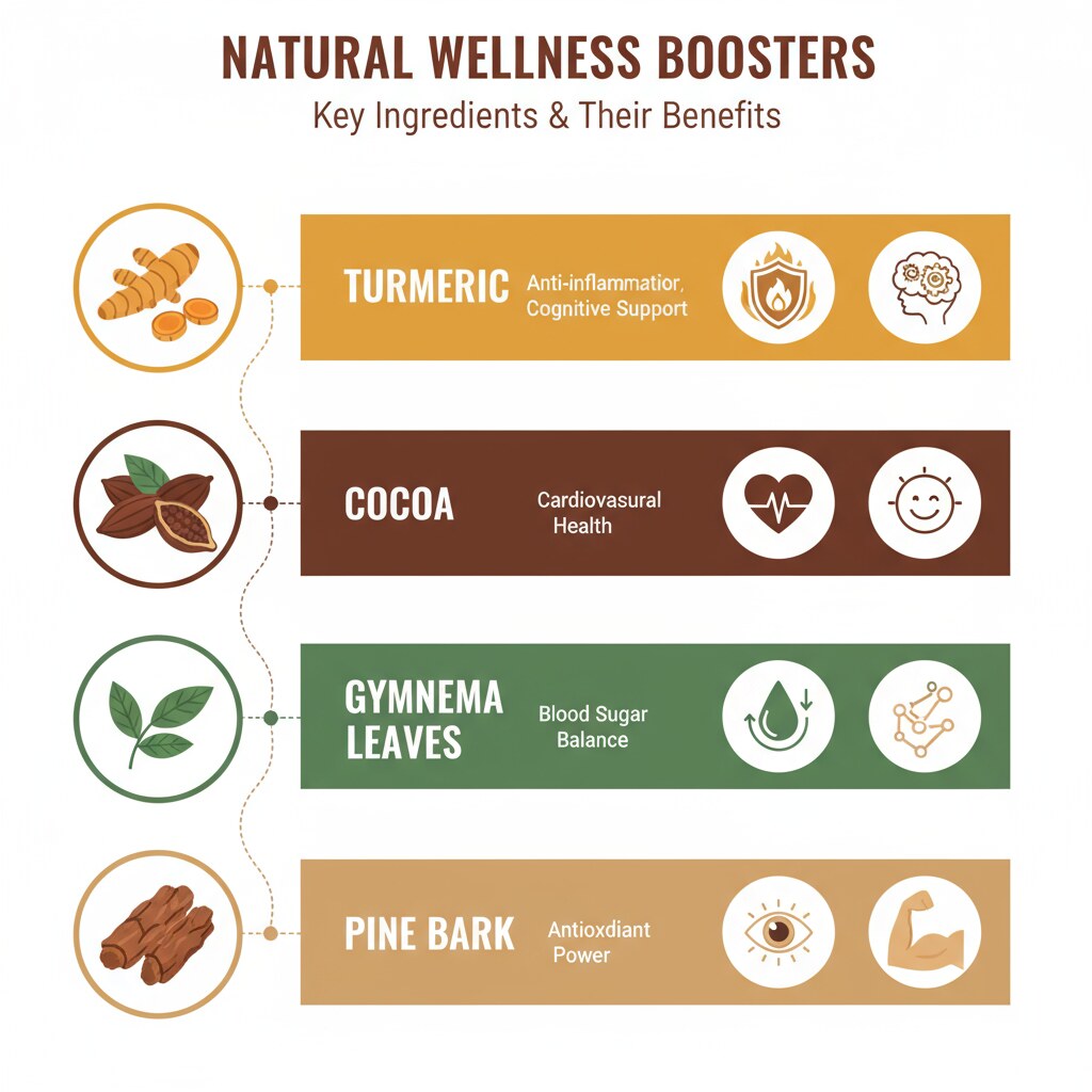 Infographic of turmeric, cocoa, gymnema leaves, and pine bark with health benefits for USA supplements.