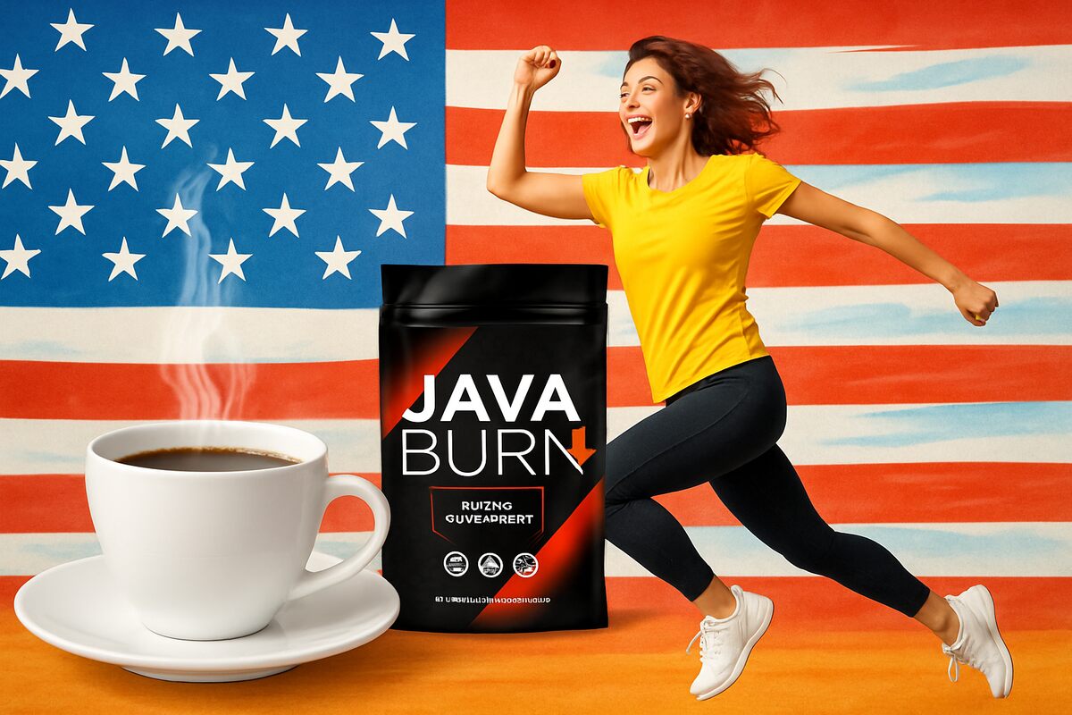 Java Burn coffee supplement USA – energetic woman with coffee cup and American flag
