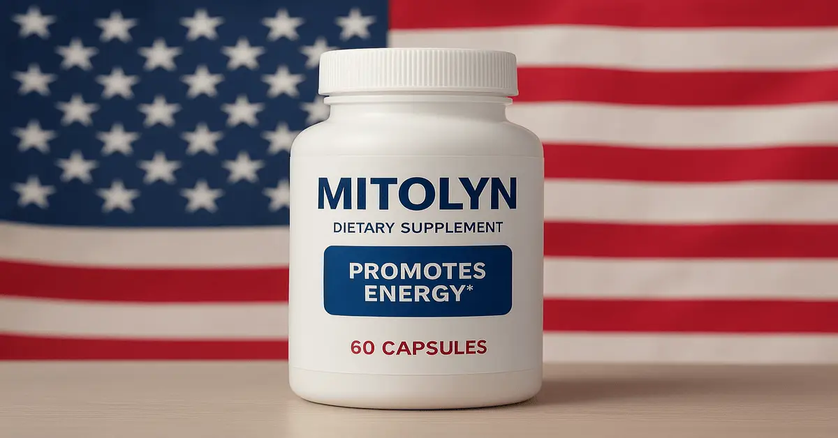 Mitolyn Review USA 2025 – Mitolyn supplement bottle with American flag background promoting energy and weight loss support