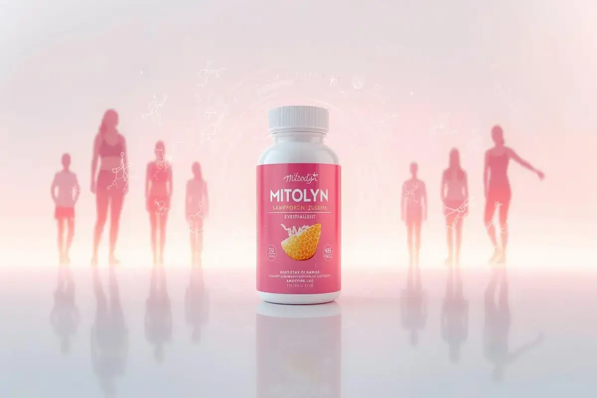 Mitolyn weight loss supplement bottle with pink label and maqui berry, on a dreamy background with active silhouettes. Ideal for Mitolyn review USA 2025, highlighting fat loss and energy boost.