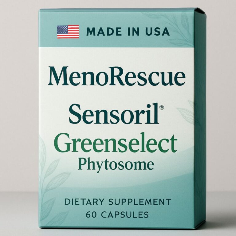 Official MenoRescue supplement packaging for menopause support, highlighting USA-made quality with key natural ingredients Sensoril and Greenselect Phytosome.