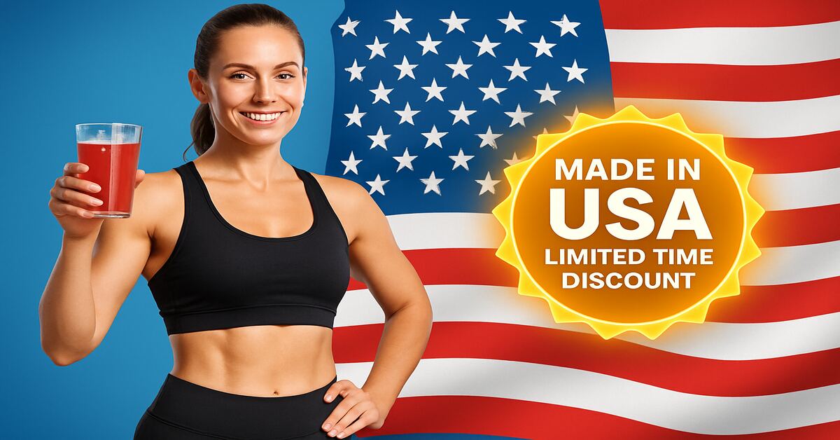 Okinawa Flat Belly Tonic USA hero banner – fit woman with tonic drink, American flag background, limited-time discount