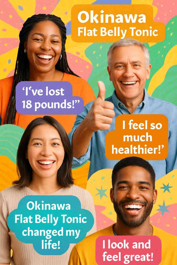 Okinawa Flat Belly Tonic customer reviews collage showing diverse, happy users from the USA with their success story quotes.