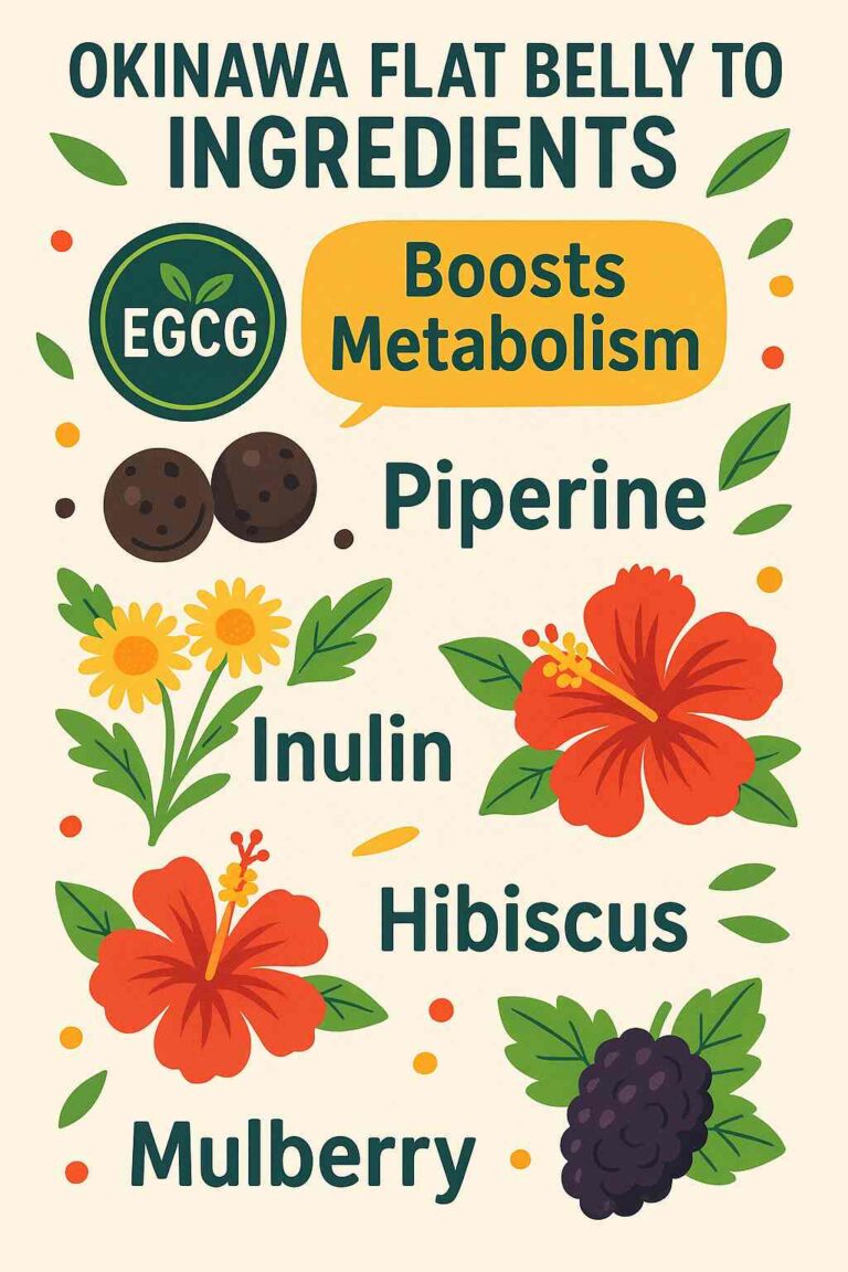 Okinawa Flat Belly Tonic ingredients infographic featuring EGCG for boosting metabolism, Piperine, Inulin, Hibiscus flower, and Mulberry fruit in a colorful health and weight loss design.