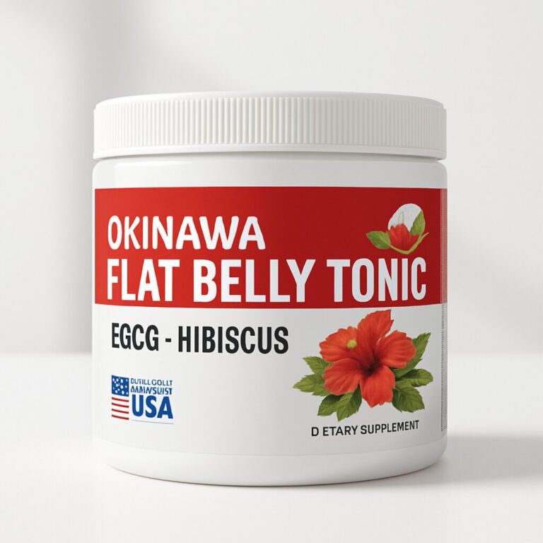 Okinawa Flat Belly Tonic supplement packaging with ingredients EGCG and hibiscus visible on the label.