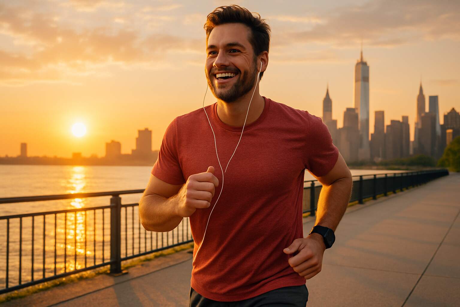 Person enjoying an energetic morning jog in the city after taking Okinawa Flat Belly Tonic.