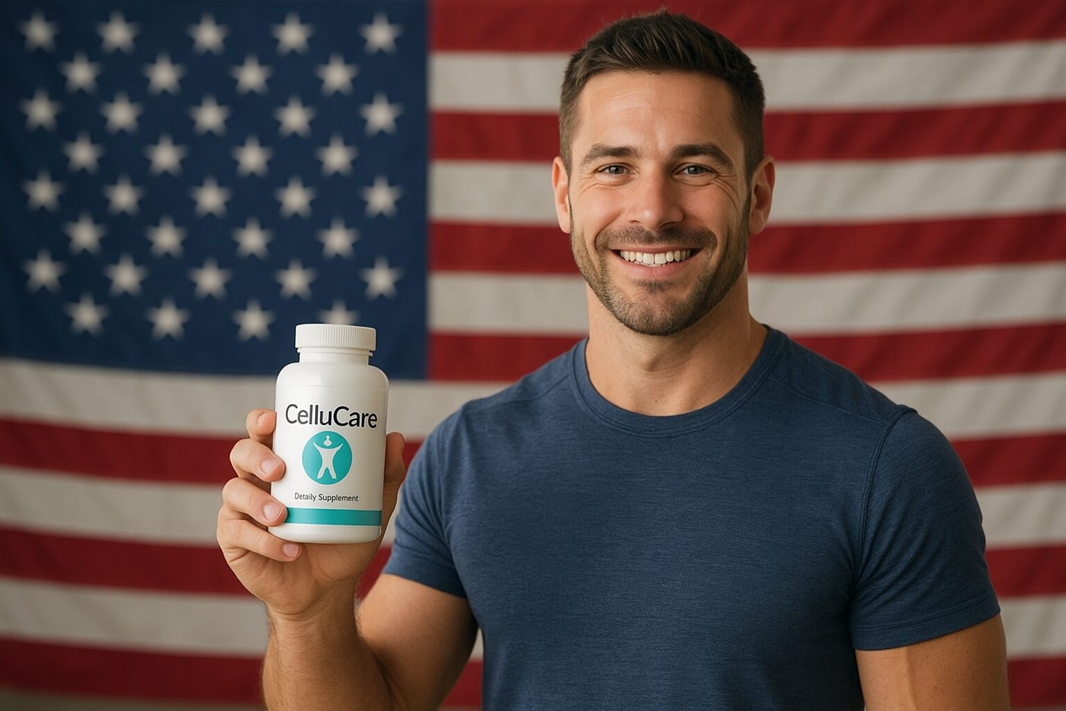 Smiling fit American man holding CelluCare supplement bottle with USA flag in background – USA health supplement promotion.