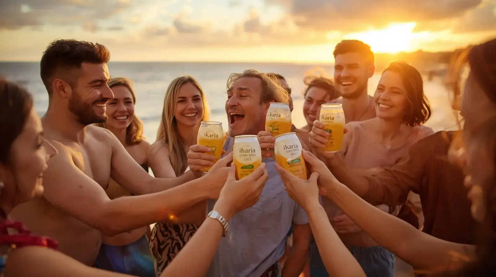 Smiling group of middle-aged American adults celebrating with Ikaria Lean Belly Juice at a beach sunset, healthy lifestyle photo.