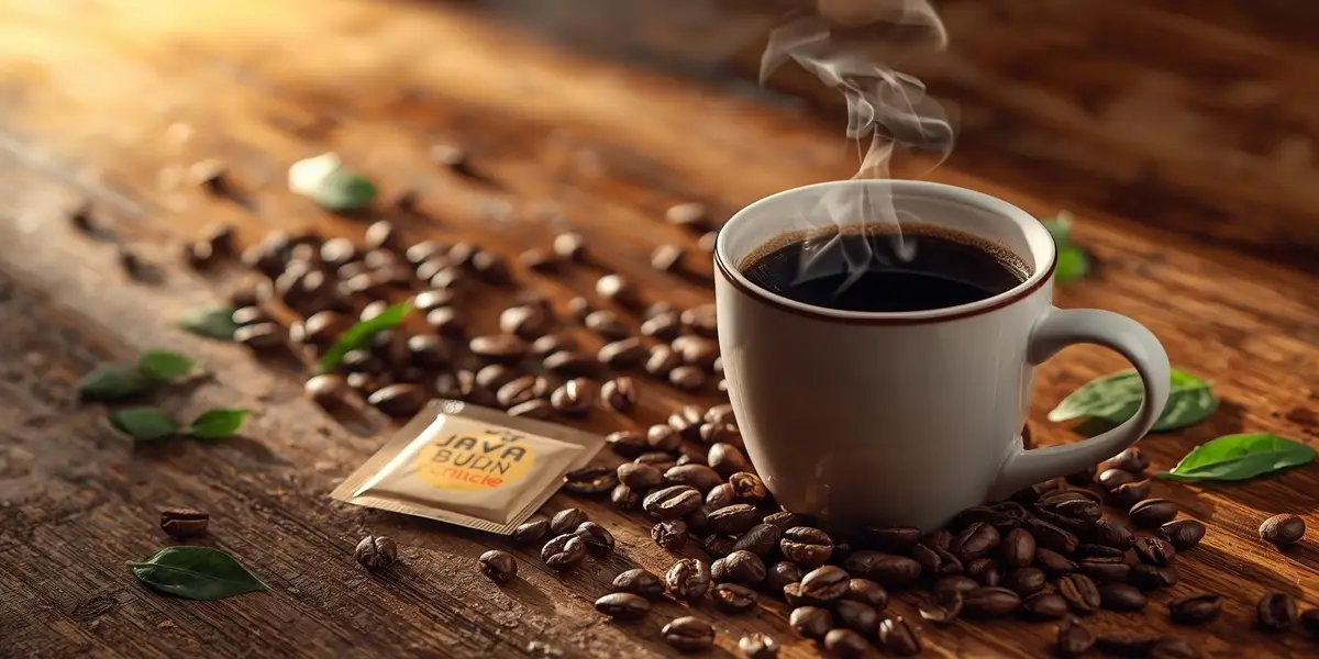 Steaming cup of black coffee with Java Burn packet dissolving, surrounded by fresh green tea leaves and coffee beans on a wooden table, showcasing natural energy for weight loss.