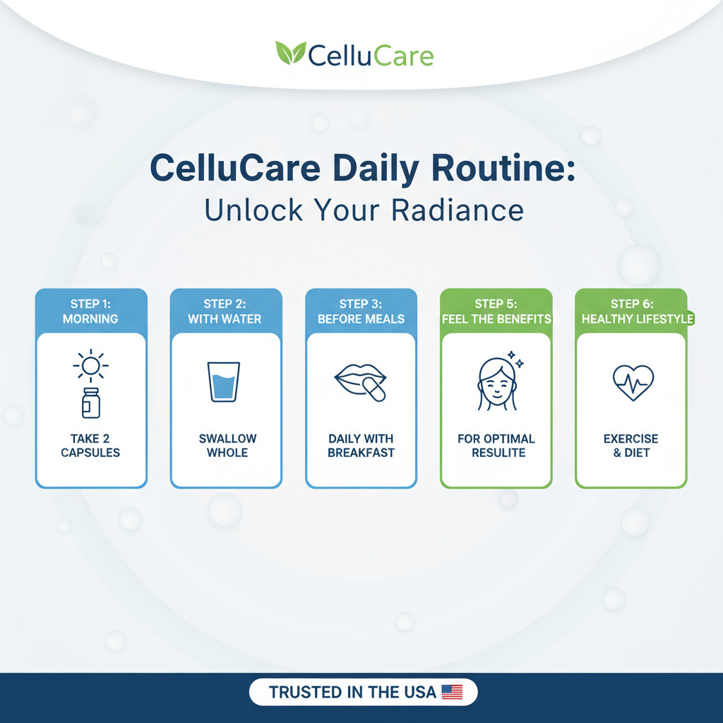Step-by-step CelluCare usage guide infographic showing quick daily integration steps for taking the supplement, designed for easy understanding by USA health-conscious users.