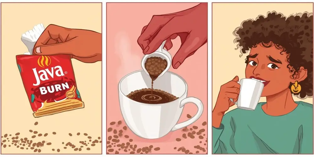 Step-by-step guide to using Java Burn hand tearing open a packet, stirring powder into a coffee cup, and a smiling person sipping coffee.