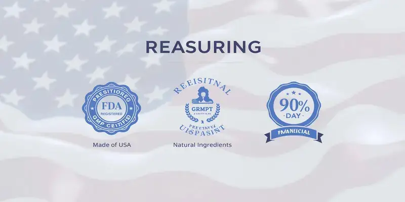 Trust badges with FDA registered, GMP certified, Made in USA, natural ingredients, and 90-day guarantee over American flag background.