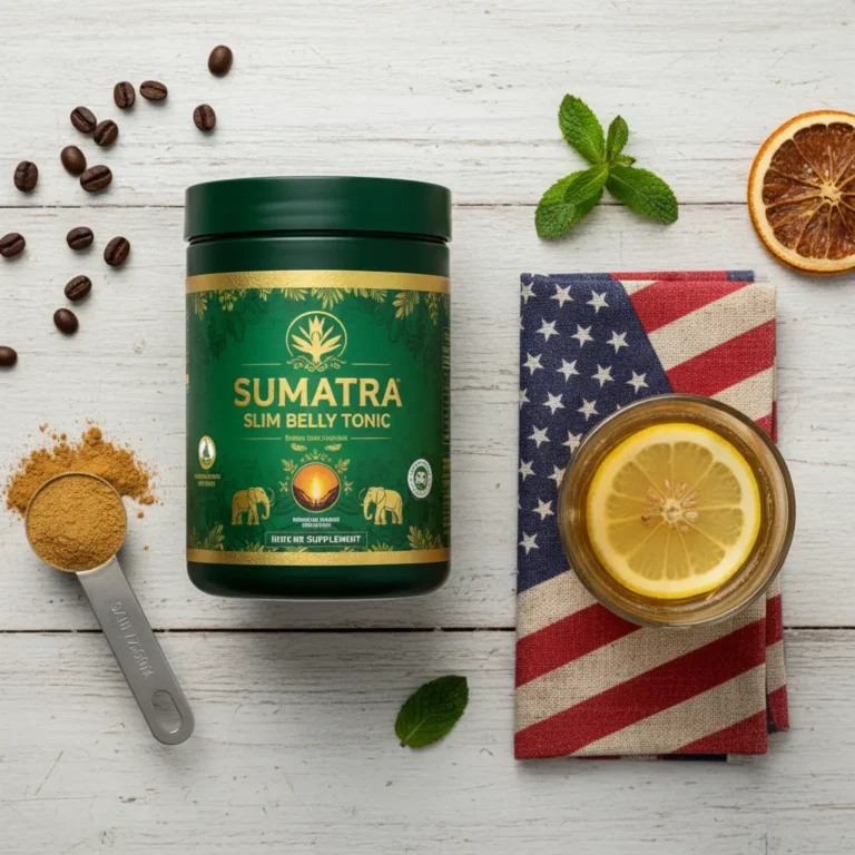 Flat-lay image of Sumatra Slim Belly Tonic tub, scoop, and glass on a USA flag napkin, highlighting American weight loss and metabolism support supplement.