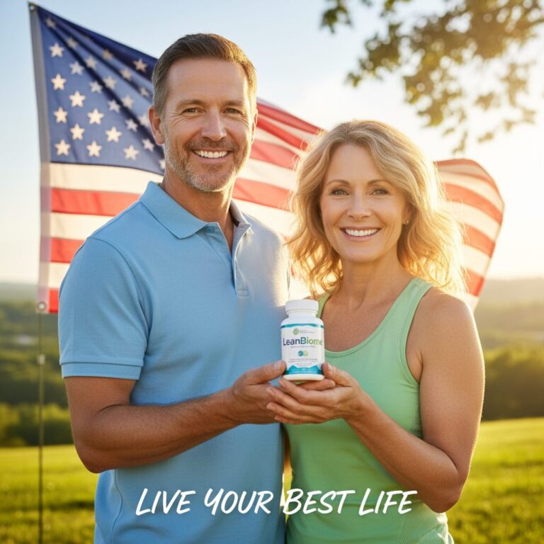 Healthy middle-aged American couple outdoors holding LeanBiome bottle with subtle USA flag background, symbolizing authentic USA weight loss supplement.