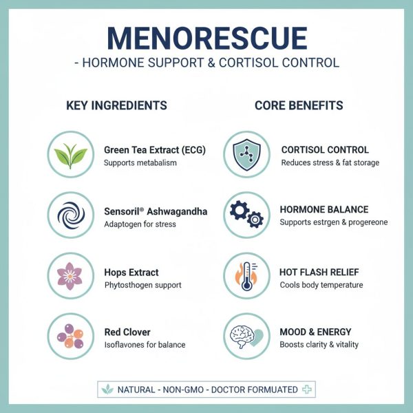 Infographic of MenoRescue ingredients showing how they support hormone balance and cortisol control for menopause relief. Infographic of MenoRescue ingredients showing how they support hormone balance and cortisol control for menopause relief.